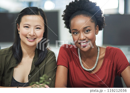 Happy, teamwork and portrait of business women in office for collaboration creative project. Team, pride and interracial female interior designers working together for startup company in workplace. Happy, teamwork and portrait of business women in office for collaboration creative project. Team, pride and interracial female interior designers working together for startup company in workplace. 119212036