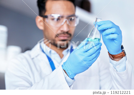 Glass flask, laboratory and scientist man for research, medical analysis and exam or healthcare investigation. Focus, blue liquid and science person, expert or doctor with test, chemistry or medicine Glass flask, laboratory and scientist man for research, medical analysis and exam or healthcare investigation. Focus, blue liquid and science person, expert or doctor with test, chemistry or medicine 119212221