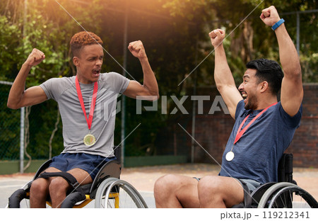 Basketball, success and wheelchair user with men and celebration for winner, trophy or sports. Training, champion and goal with people with a disability for competition, fitness and teamwork 119212341