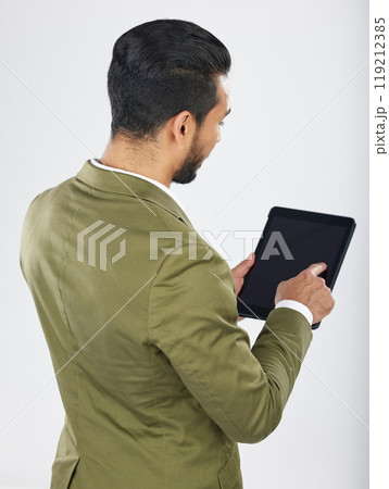 Back, business and man with a tablet, career and professional on a white studio background. Japanese person, employee and accountant with tech, connection and data analysis with investment or trade Back, business and man with a tablet, career and professional on a white studio background. Japanese person, employee and accountant with tech, connection and data analysis with investment or trade 119212385