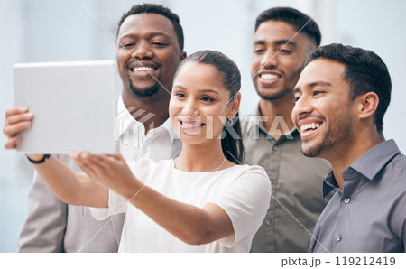 Group, employees and smile for selfie, tablet and people in corporate, journalist and agency of media. Business, men and woman with memory, happy and together for support and job in public relations 119212419