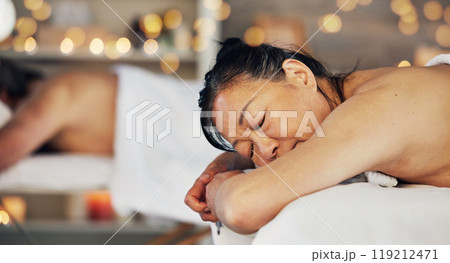 Relax, massage and senior with couple in spa for wellness, body treatment and hospitality. Peace, cosmetics and beauty with mature man and woman in hotel for health, vacation and holistic salon 119212471