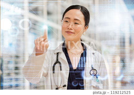 Doctor, woman and medical screen hologram, biometric data and healthcare dashboard in futuristic technology. Professional asian person press, fingerprint and clinic research or health results overlay 119212525