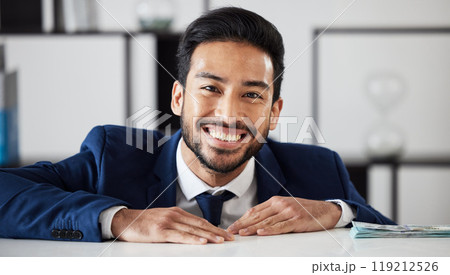 Portrait of businessman with cash investment, smile and dollars in trade office with profit, bonus and growth. Money, bills and happy man, stock market trading or payment on financial budget increase 119212526