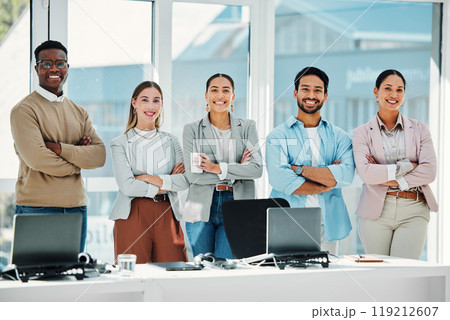Smile, crossed arms and portrait of business people in the office in collaboration for team building. Happy, diversity and group of professional creative designers with confidence in modern workplace 119212607