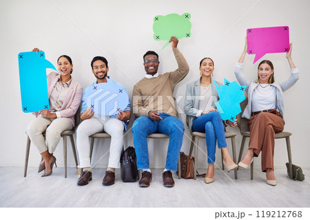 We are hiring, speech bubble and portrait of business people in a waiting room with mockup, faq or contact us. Recruitment, space and candidate group with job opportunity, info or interview advice 119212768