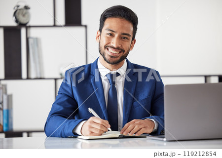 Portrait, business man and writing in notebook with laptop for administration in law firm. Face of happy asian lawyer, attorney and planning in book while working on computer for legal management 119212854