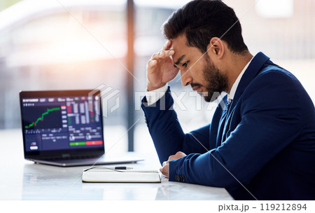 Trading, sad and laptop with man and stock market crash for finance, inflation and investment. Failure, anxiety and stress with male employee for accounting risk, data analytics and trade crisis 119212894