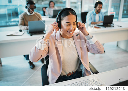 Business woman, call center and headphones to start communication, ready for customer support and virtual chat. Professional agent, consultant or advisor speaking, helping and working in tech office 119212948