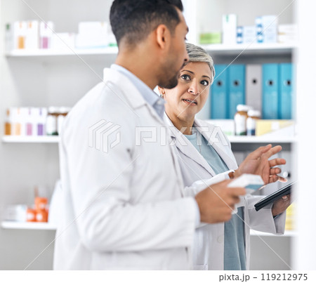 Pharmacy communication, medicine and people teamwork on medical, quality assurance or inventory inspection. Healthcare, clinic partner or pharmacist check pharmaceutical supplements, storage or stock Pharmacy communication, medicine and people teamwork on medical, quality assurance or inventory inspection. Healthcare, clinic partner or pharmacist check pharmaceutical supplements, storage or stock 119212975