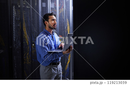 Man, thinking and laptop for server room inspection, data center solution and coding, engineering and programming. Person on computer, information technology check or electrician with cables at night 119213039