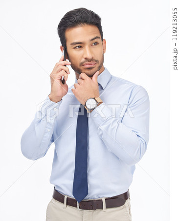Smartphone call, studio and confident corporate man, real estate agent or consultant networking, consulting and talking with contact. Thinking, mobile phone or male realtor pose on white background 119213055