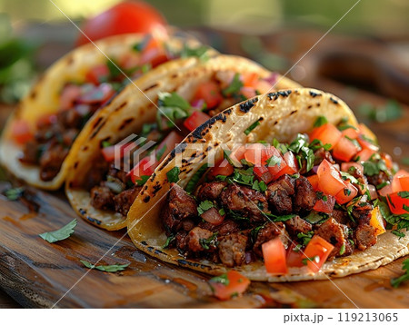 A close-up of a taco with colorful toppings high resolution 119213065