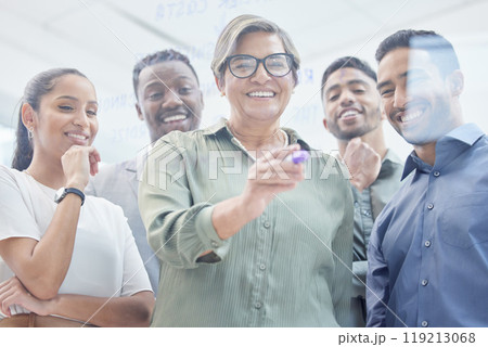 Mentor, writing and business people with glass for brainstorming, agenda planning or strategy in office. Workshop, happy men and women in development team for problem solving, thinking or moodboard. 119213068