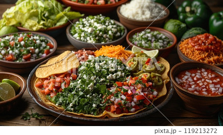 A traditional Mexican feast with a variety of dishes. 119213272