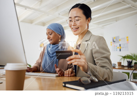 Banking, credit card and woman at customer service desk for online shopping for advice from a consultant. Muslim, asian and professional consulting a customer on rewards purchase on business website 119213315