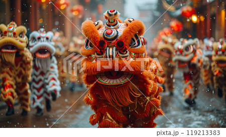 A traditional Lunar New Year parade with dragon and lion dancers 119213383