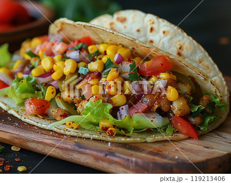 A close-up of a taco with colorful toppings high resolution 119213406