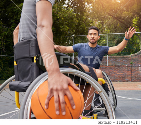 Sports competition, wheelchair basketball court and people playing competitive match, defend or practice attack. Athlete player, commitment and active men with disability, training and exercise Sports competition, wheelchair basketball court and people playing competitive match, defend or practice attack. Athlete player, commitment and active men with disability, training and exercise 119213411