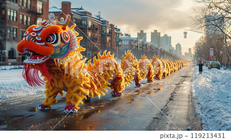A traditional Lunar New Year parade with dragon and lion dancers 119213431