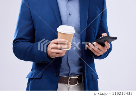 Phone, coffee and closeup of businessman hands in studio typing message on social media, mobile app or the internet. Technology, cappuccino and lawyer scroll online with cellphone by white background Phone, coffee and closeup of businessman hands in studio typing message on social media, mobile app or the internet. Technology, cappuccino and lawyer scroll online with cellphone by white background 119213435
