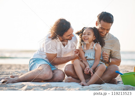 Gay men, dad and girl at beach with love, bonding and care for vacation, laughing and outdoor in sunshine. LGBTQ couple, young child and adoption with family, holiday and comic conversation in summer Gay men, dad and girl at beach with love, bonding and care for vacation, laughing and outdoor in sunshine. LGBTQ couple, young child and adoption with family, holiday and comic conversation in summer 119213523
