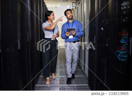 People, server room and inspection or teamwork for cybersecurity, engineering and coding solution on tablet. Engineering man and woman or manager walking and check data center with digital technology People, server room and inspection or teamwork for cybersecurity, engineering and coding solution on tablet. Engineering man and woman or manager walking and check data center with digital technology 119213605