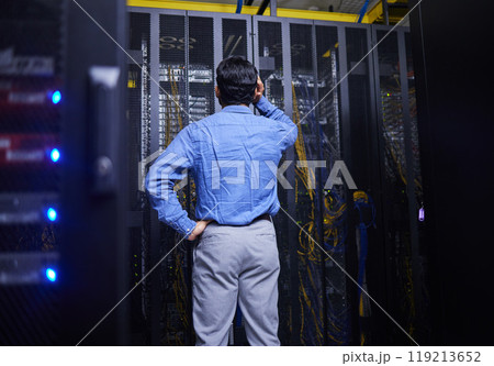 Server room, cables or confused man with hardware for cybersecurity glitch or software solution. Doubt, man or back of stressed male engineer fixing network for information technology or IT support 119213652