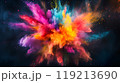 A juicy explosion of a big star in black space. Holi Festival of Colors. The explosion consists of a variety of colors, including red, blue, pink, purple, orange and yellow. Dust is scattered 119213690