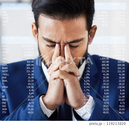 Trading, sad and hologram with man and stock market crash for finance, inflation and investment. Failure, anxiety and stress with male employee for accounting risk, data analytics and trade crisis 119213820