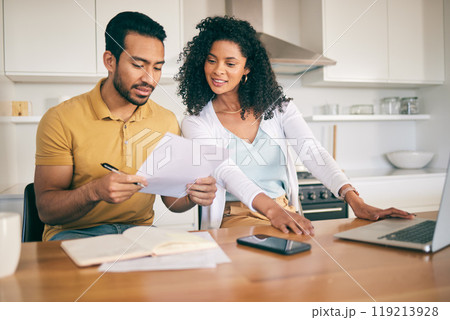 Couple, insurance paperwork and budget planning with laptop, bills and finance with taxes and mortgage. Financial documents, payment and loan with policy, audit and review with asset management 119213928