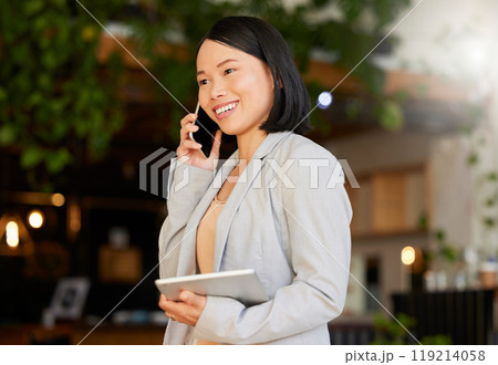 Business owner, woman and phone call or tablet for restaurant communication and e commerce management in store. Happy asian person or entrepreneur talking on mobile, digital tech and cafe networking 119214058
