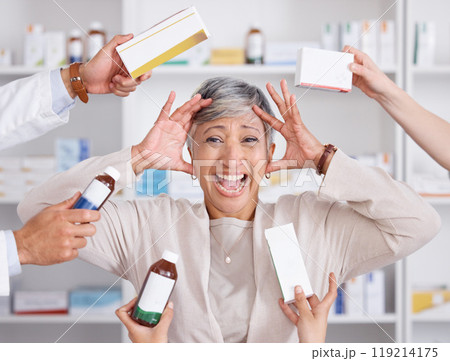 Healthcare, stress and senior woman with medication for a sickness, flu or cold at pharmacy. Crazy, burnout and portrait of mature female person shouting or screaming with medicine options in clinic 119214175