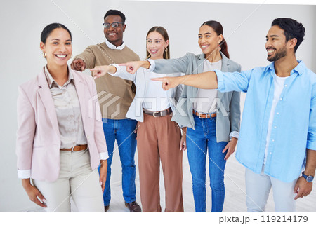 Woman, team and smile by pointing or picking leader, solidarity and vote in choosing of staff. Happy people, unity and choice of person, positive and collaboration in decision of hire or promotion Woman, team and smile by pointing or picking leader, solidarity and vote in choosing of staff. Happy people, unity and choice of person, positive and collaboration in decision of hire or promotion 119214179