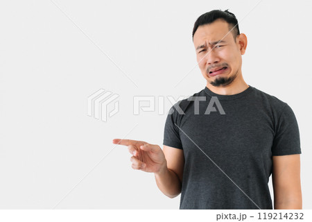 Sad crying face freelance man bun hair in black on white. 119214232