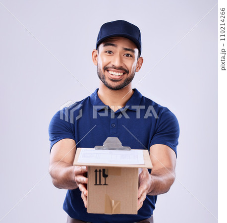 Clipboard, portrait and delivery man with box in hand in studio, transport for ecommerce stock product. Package, logistics and happy courier person on white background for online sales and services. Clipboard, portrait and delivery man with box in hand in studio, transport for ecommerce stock product. Package, logistics and happy courier person on white background for online sales and services. 119214266