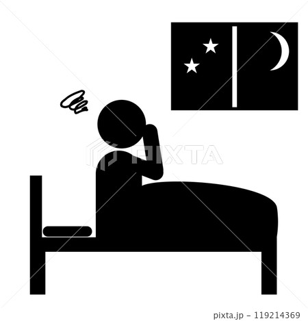 夜中に眠れない 不眠の人のピクトグラム 夜中に眠れない 不眠の人のピクトグラム 119214369