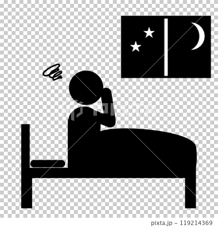 夜中に眠れない 不眠の人のピクトグラム 夜中に眠れない 不眠の人のピクトグラム 119214369