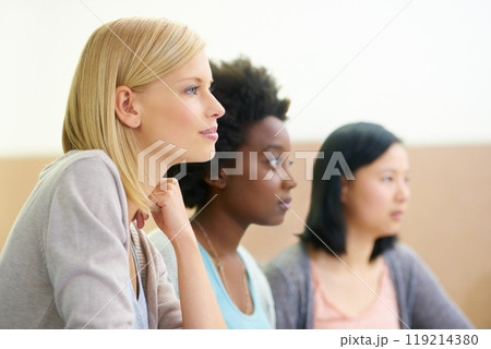 Education, lecture and diversity with group of women in classroom for learning, knowledge and vision. Idea, university and college with people listening at school for campus, planning and seminar Education, lecture and diversity with group of women in classroom for learning, knowledge and vision. Idea, university and college with people listening at school for campus, planning and seminar 119214380