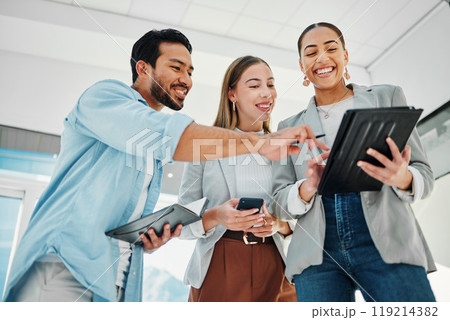 Business people, teamwork and collaboration on tablet for data analytics, marketing results and comparison in office. Professional group of women and man for digital, social media or startup project 119214382