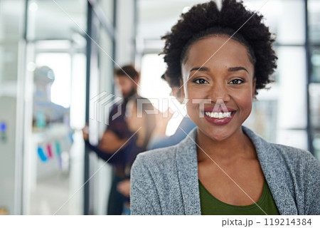 Portrait, business and smile of black woman in office, company and employee coworking in creative startup. Face, professional and happy female person, entrepreneur and editor in workplace for career Portrait, business and smile of black woman in office, company and employee coworking in creative startup. Face, professional and happy female person, entrepreneur and editor in workplace for career 119214384