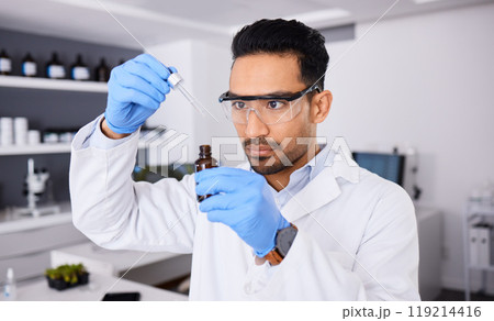 Scientist, man and bottle, pipette and chemical solution with medical research, investigation and goggles for safety. Chemistry, liquid and science in laboratory, future and biotechnology with study 119214416