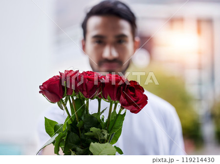 Love, giving and man with bouquet of roses for date, romance and hope for valentines day. Confession, romantic gift and person holding flowers outside, proposal or engagement on blurred background. Love, giving and man with bouquet of roses for date, romance and hope for valentines day. Confession, romantic gift and person holding flowers outside, proposal or engagement on blurred background. 119214430