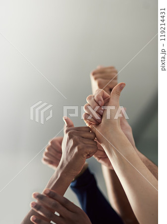 Thumbs up, hands and team together in office for collaboration or teamwork with success or yes sign. People, business and gesture for agreement or diversity with trust, approval and winning. 119214431