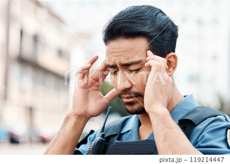 Stress, danger or policeman in city with headache, anxiety or burnout working for justice or law enforcement. Tired cop, legal or security guard with head pain, emergency crisis or migraine on street Stress, danger or policeman in city with headache, anxiety or burnout working for justice or law enforcement. Tired cop, legal or security guard with head pain, emergency crisis or migraine on street 119214447