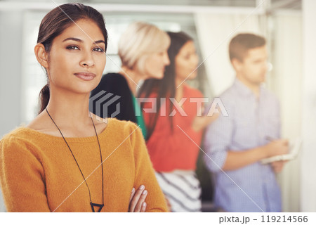 Creative woman, portrait and team with leadership for meeting, planning or brainstorming ideas at office. Young female person in confidence for startup, group project or creativity at the workplace Creative woman, portrait and team with leadership for meeting, planning or brainstorming ideas at office. Young female person in confidence for startup, group project or creativity at the workplace 119214566