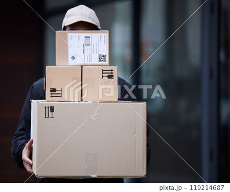Delivery guy package, shipping boxes and export employee with courier service, commerce or regulations. Logistics, man or supply chain with a worker with distribution, online shopping or mail service 119214687