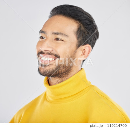 Man, smile and thinking with future and dream, inspiration and memory isolated on white background. Headshot, ideas and happiness, thoughtful and positivity with brainstorming and mission in a studio 119214700