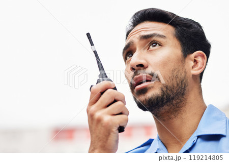 Walkie talkie, man and face of security guard for safety, backup support and mockup space. Asian police officer, bodyguard and radio communication of crime investigation to monitor city surveillance Walkie talkie, man and face of security guard for safety, backup support and mockup space. Asian police officer, bodyguard and radio communication of crime investigation to monitor city surveillance 119214805