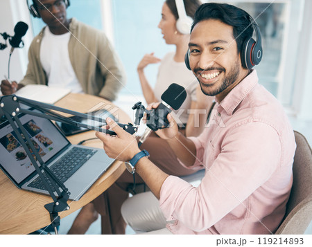 Man, microphone and radio, headphones and laptop in portrait, media or press with journalist or DJ for content creation. Podcast, influencer and live stream with audio, talk show and communication 119214893